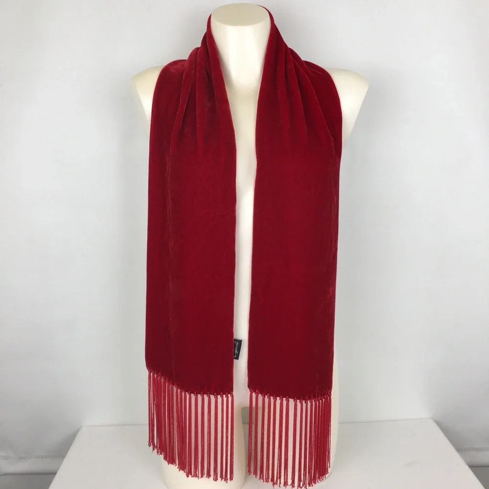 Cejon Accessories Red Velvet Scarf Silk Blend With Fringe